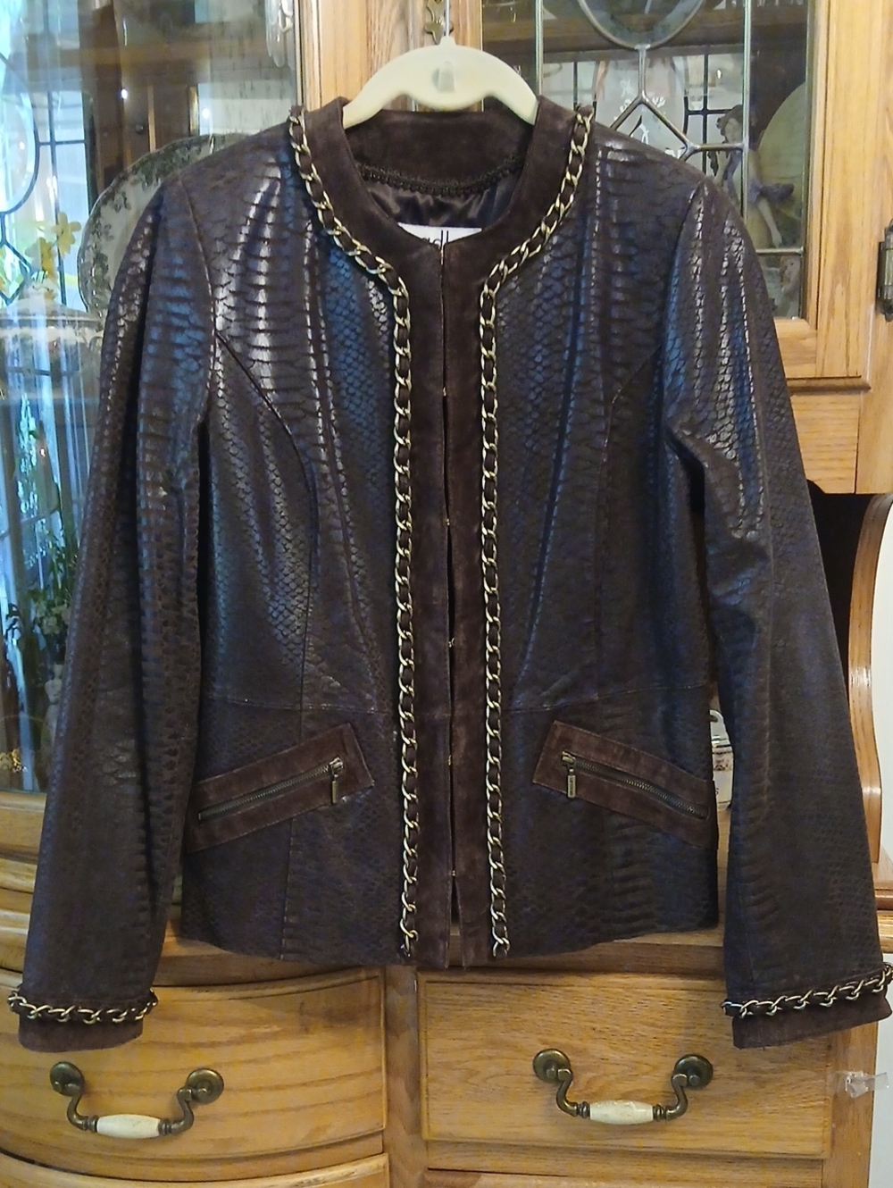 Bradley Womens Dark Brown Leather Chain-Trim Jacket